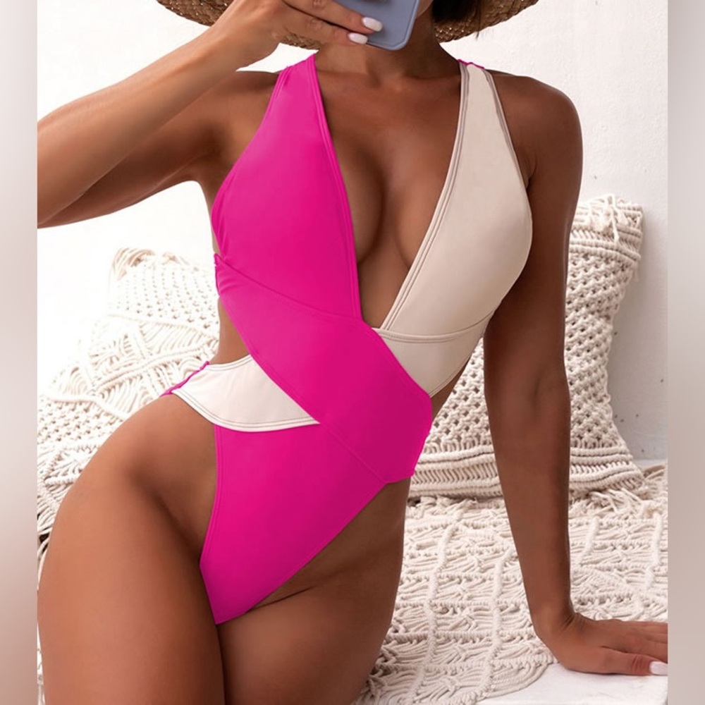 Color Block Cross Ruched One Piece Swimsuit